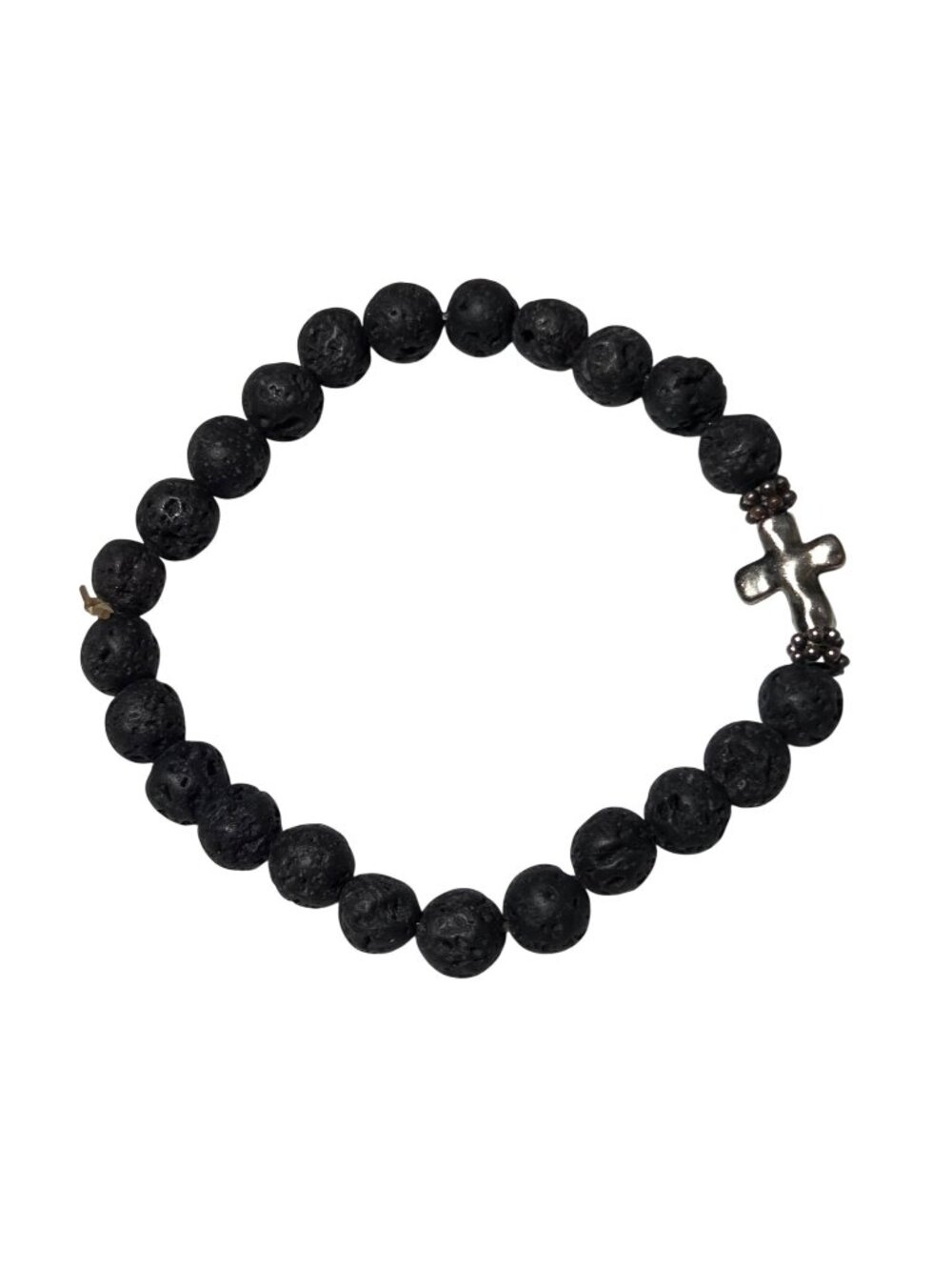 Black Lava Bead Bracelet Stretch Silver Cross Charm Religious Fashion Jewelry